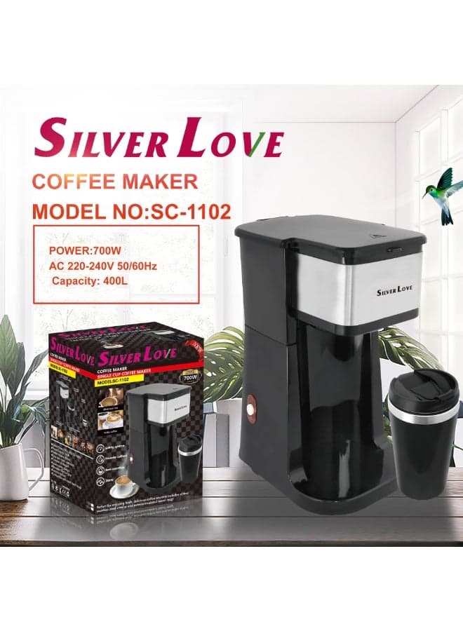 Silver Love Single Serve Coffee Brewer with Travel Mug, 700W Compact Coffee Machine, Reusable Coffee Filter, One-Touch Brewing System for Everyday Coffee Enjoyment