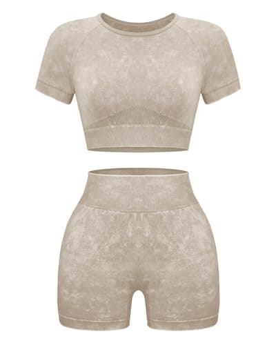 OLCHEE Womens Workout Sets 2 Piece - Seamless Acid Wash Yoga Outfits Leggings Shorts and Crop Top Matching Gym Activewear Athletic Clothing Set - Cream Medium