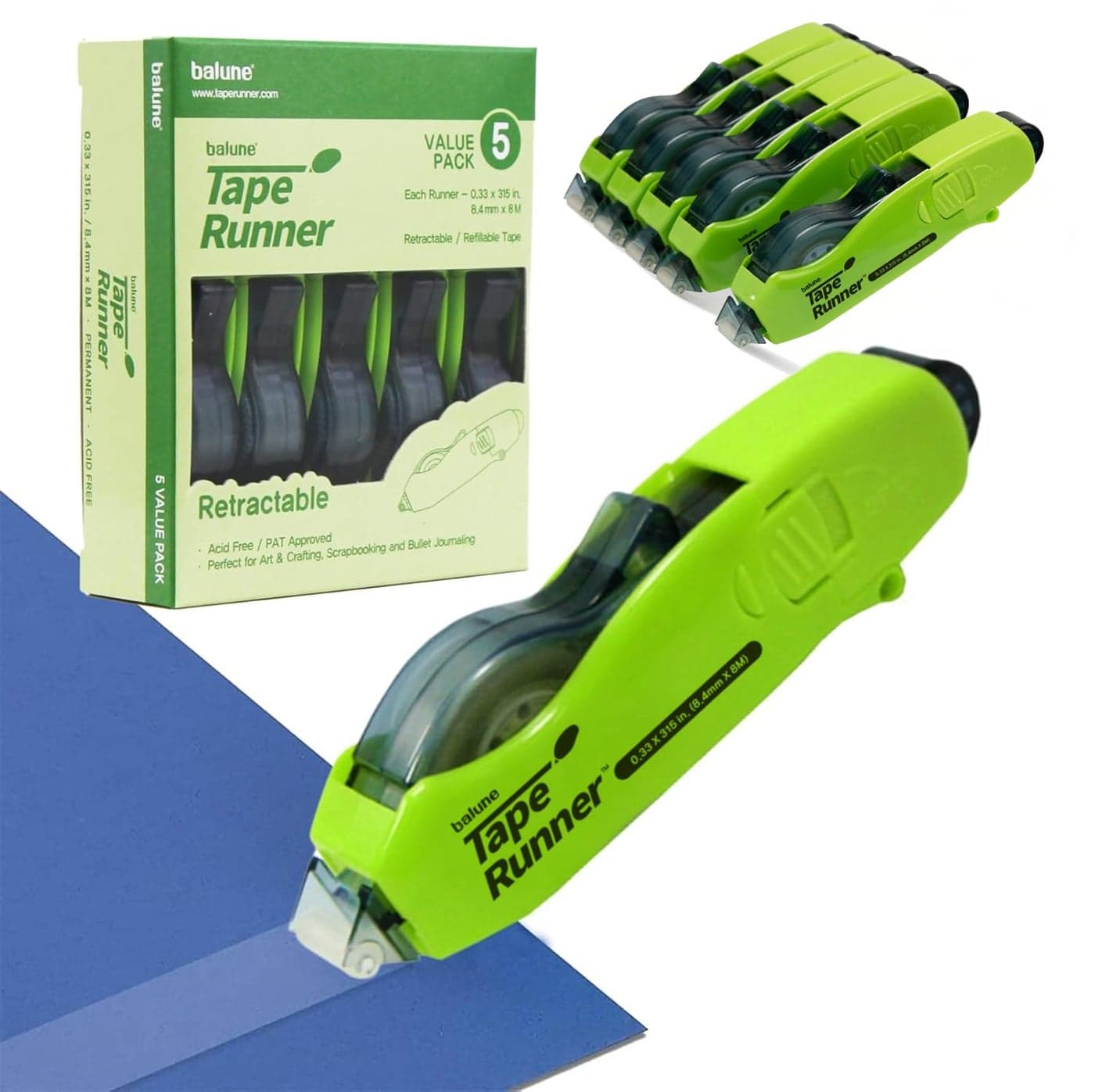 TAPE RUNNER Double Sided Adhesive with Dispenser Roller Included Acid Free Sticky Transparent Ideal for Scrapbooking Crafts More Retractable 315 inches per Cartridge 5 Cartridges