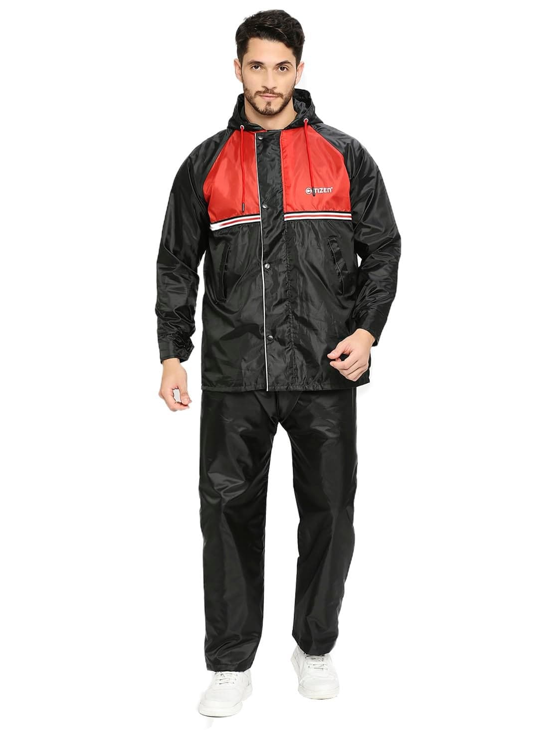 Citizen Reversible Raincoat for Men with Inbuilt Hood, Waterproof Pant & Carry Pouch | Dual Color Sports Style | 190T Polyester with PVC | Durable & Lightweight Rainsuit | Black & Red, 3XL