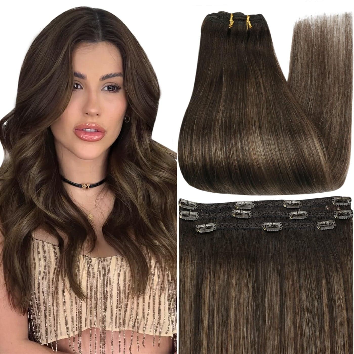 Full Shine Dark Brown Clip in Hair Extensions Real Human Hair 3 Pcs 60 G Ombre Hair Extensions Clip ins Dark Brown Balayage Invisible Human Hair for Women 16 Inch