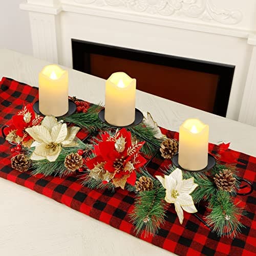 Joliyoou Christmas Tabletop Centerpieces 175 L Christmas Poinsettia Candle Holder with 3 Battery Operated Light Up Candle Lights Metal Candelabrum for Xmas Holiday Table Mantel Decoration