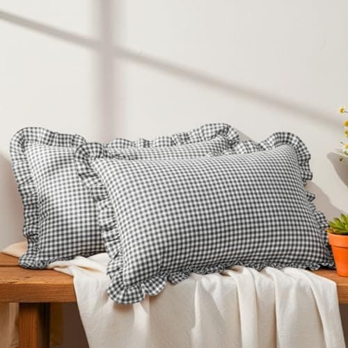 Sleepy Threads Grey Pillow Covers, Checkered Cover with Frill Border – Pack of 2, 27x18 Inch | Throw Pillow Covers for Sofa, Living Room, Bedroom, Couch & Diwan