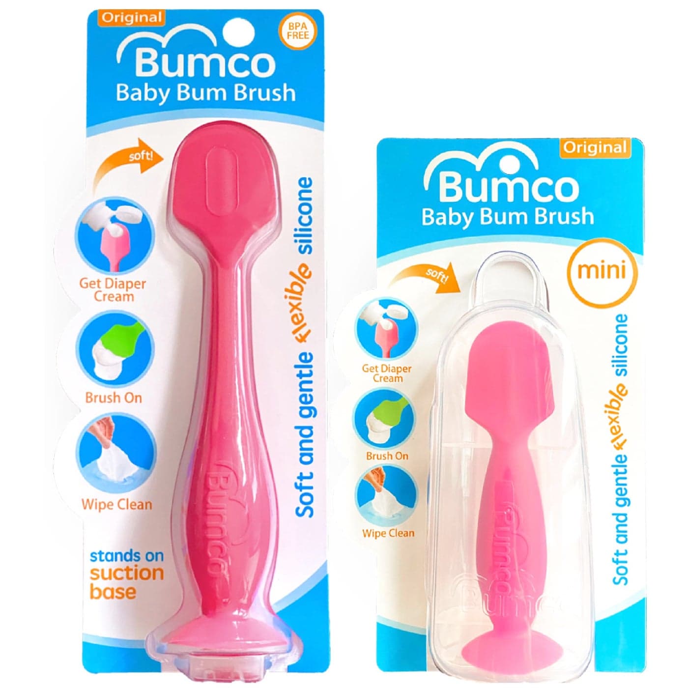 Bumco Baby Bum Brush + Mini Baby Diaper Cream Spatula with Case - BPA-Free Silicone Diaper Spatula with Suction Cup, Wipe-Clean, Mom-Invented Butt Paste Applicator (Pink & Pink)