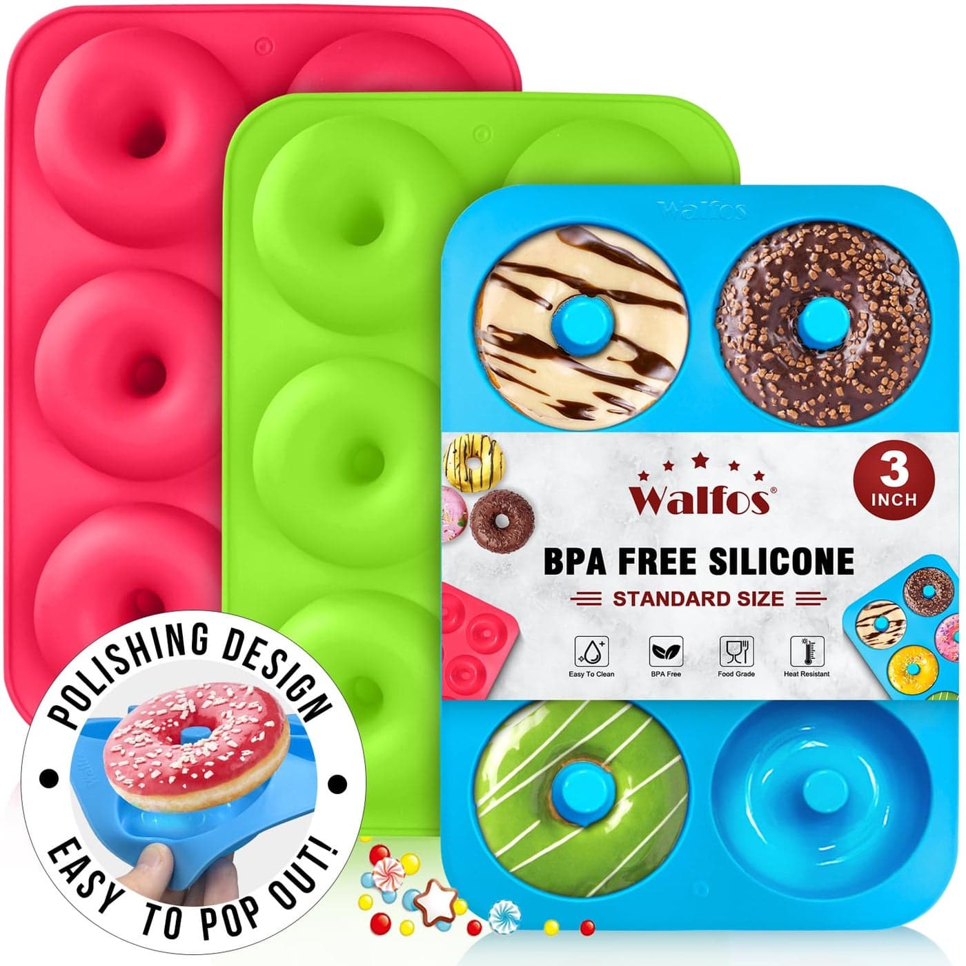 Walfos Silicone Donut Mold NonStick Silicone Doughnut Pan Set Just Pop Out Heat Resistant Make Perfect Donut Cake Biscuit Bagels BPA FREE and Dishwasher Safe Set of 3