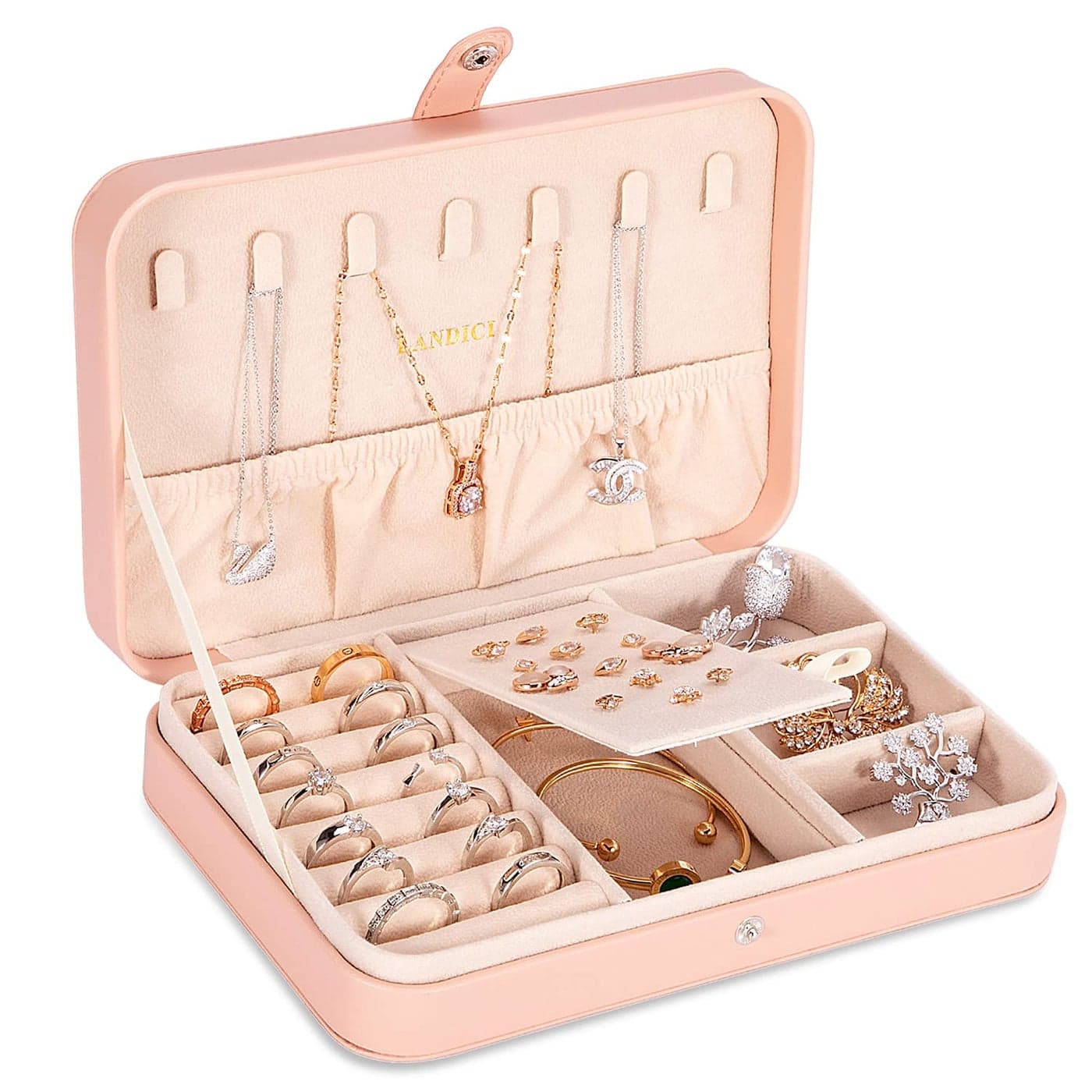 LANDICI Small Jewelry Box for Women Girls PU Leather Travel Jewelry Case Portable Jewelry Organizer Storage Holder Display for Ring Earrings Necklace Bracelet Bangle Men Kids Gift Pink