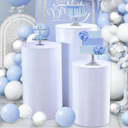 QueenDream Glitter Pedestal Stand Covers for Party 3Pcs Silver White Cylinder Pillars Plinth Display Box Stand Cover for Wedding Baby Shower Decor