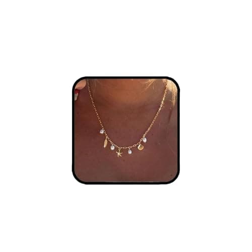 Beach Jewellery for Women, Layered Necklace for Women, Starfish Pendant Necklace, Pearl Chain Pendant Necklace, Stylish Shell Jewellery, Simple Chains for Girl (Golden)