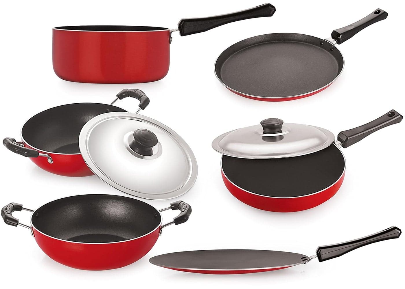 Deluxe Nonstick Dosa Set dosa / Roti 28.5 Cm , Concave / Chapati ,Paratha Tawa 28.5 Cm , Fry Pan With Stainless Steel Lid 2 Liter , Deep Kadai Without Lid 1.5 Liter , Deep Kadai With Stainless Steel Lid - Big 2.6 Liter , Sauce Pan Medium 1.5 Liter , Red & Black , Aluminium , Export Quality