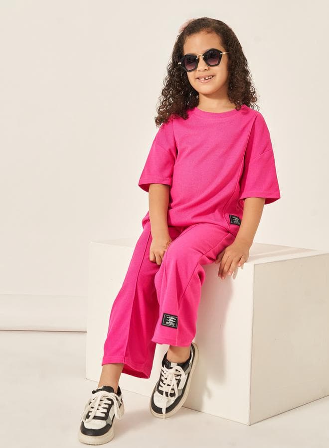 Oversized Waffle Knit Patch Detail T-Shirt & Wide Leg Pants Set