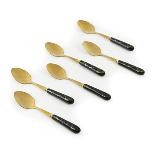 MGeezz Golden Small Spoons Set with Green Ceramic Glossy Handle for Restaurant Cutlery Dinner Table Oval Shape Serving Spoon (Golden Small Spoon Set of 6-13cm)