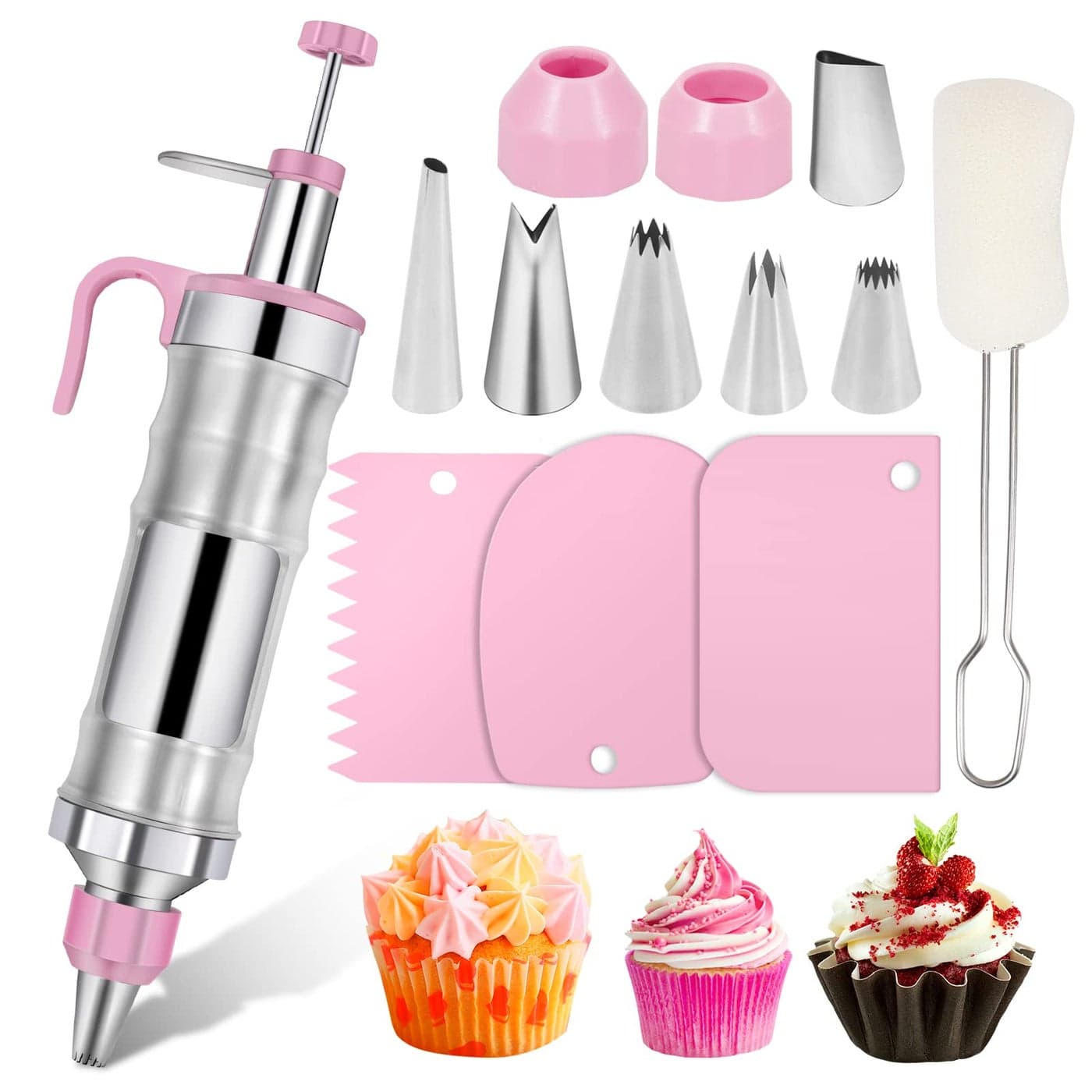 Dualshine Pink Cake Decorating Kit 6 Russian Piping Icing Nozzles 3 Cream Scrapers Stainless Steel Cupcake Frosting Filling Injector