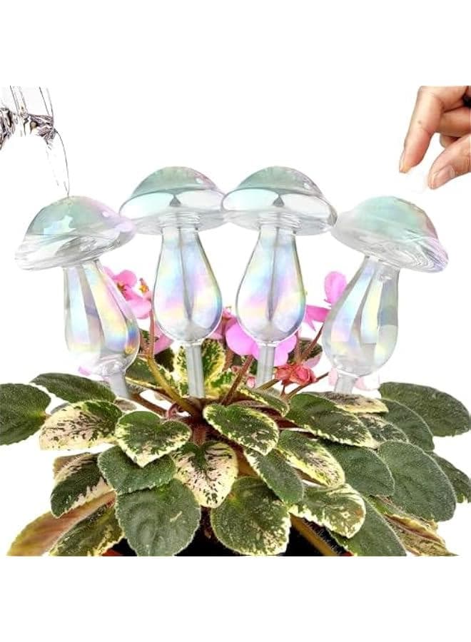 4 PCS Plant Watering Globes, Iridescent Glass Mushrooms Plant Self Watering Globe Planter Insert, 6.67oz/190ml Capacity Automatic Watering Bulbs for Indoor and Outdoor Plants Gardening Gift