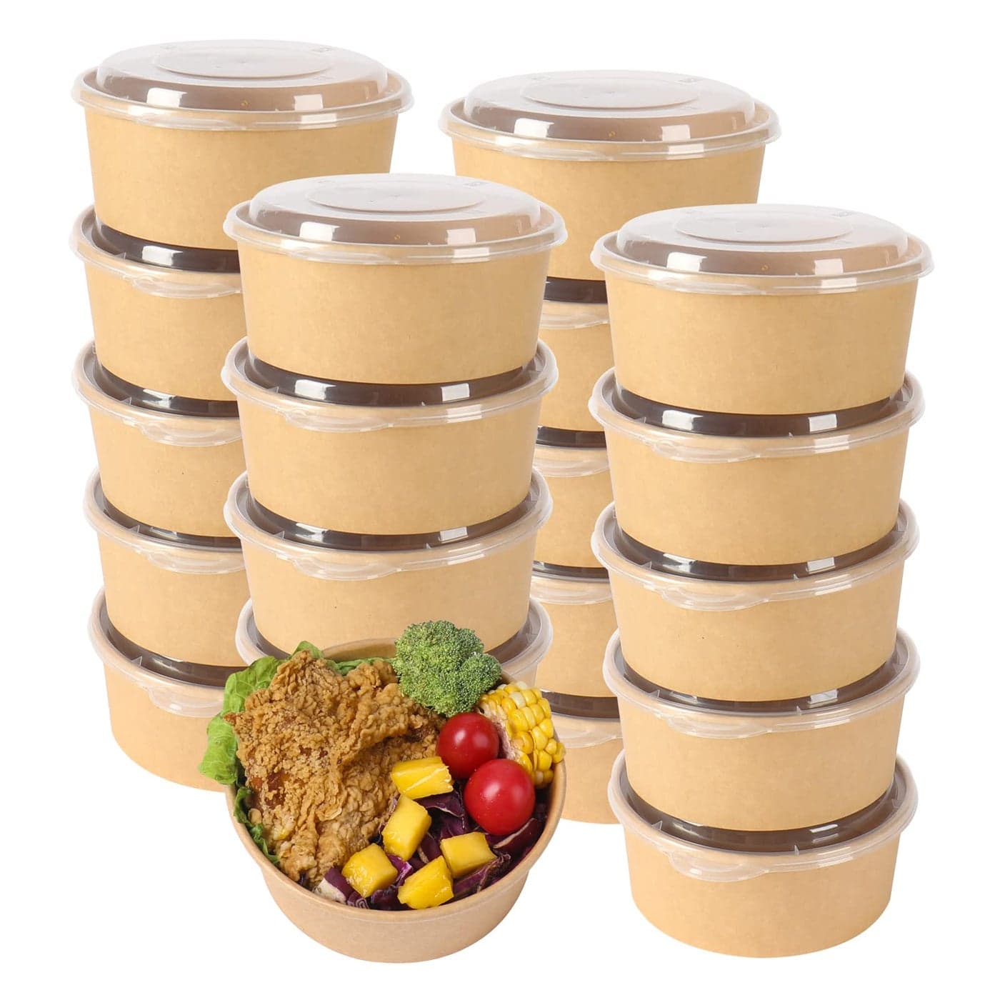 JAYEEY 25 oz Disposable Kraft salad paper bowls with lids Food containers Soup Bowls Party Supplies Treat Bowls 50 Pack