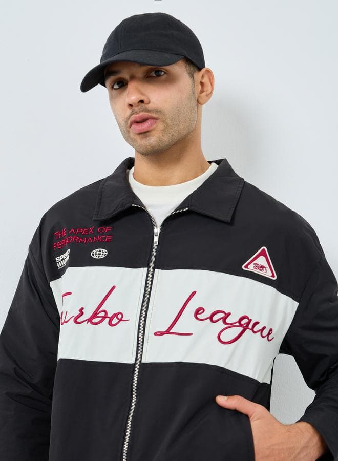 Men Black Embroidered Turbo League Bomber Jacket