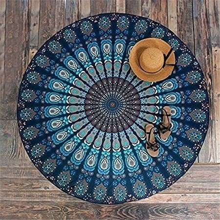 Textile art Cotton Mandala Round Beach Sitting Throw Towel Yoga Blanket Blue 72 Inches