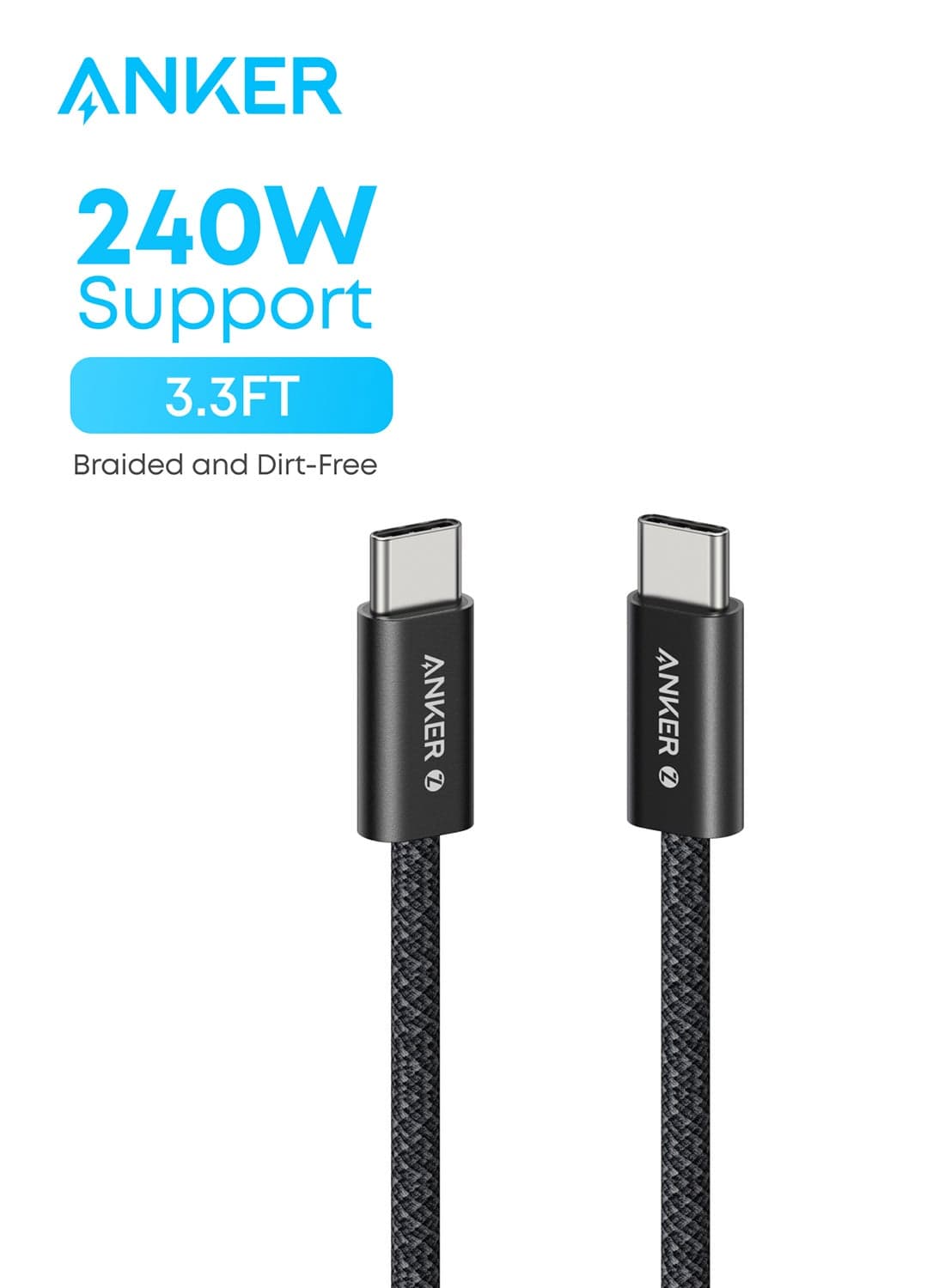 Anker Zolo USB C to USB C Cable, Braided and Dirt-Free Type C Fast Charging Cable, Slim Connector, for iPhone 17/16/15/14 Series,, MacBook (240W) (Black, 1 M) Black