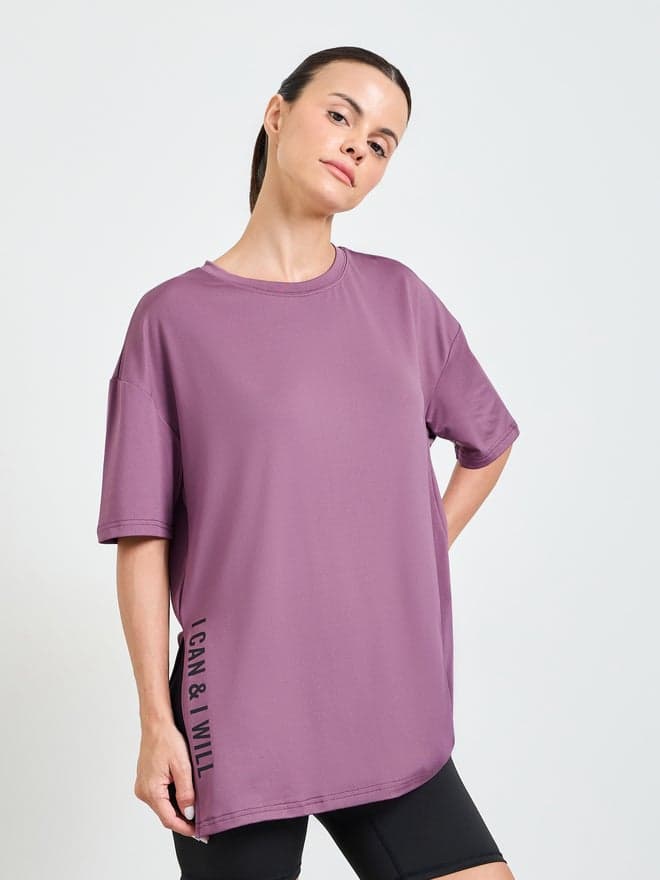 Styli Pink Slogan Side Slit Detail Loose Yoga Fit Top