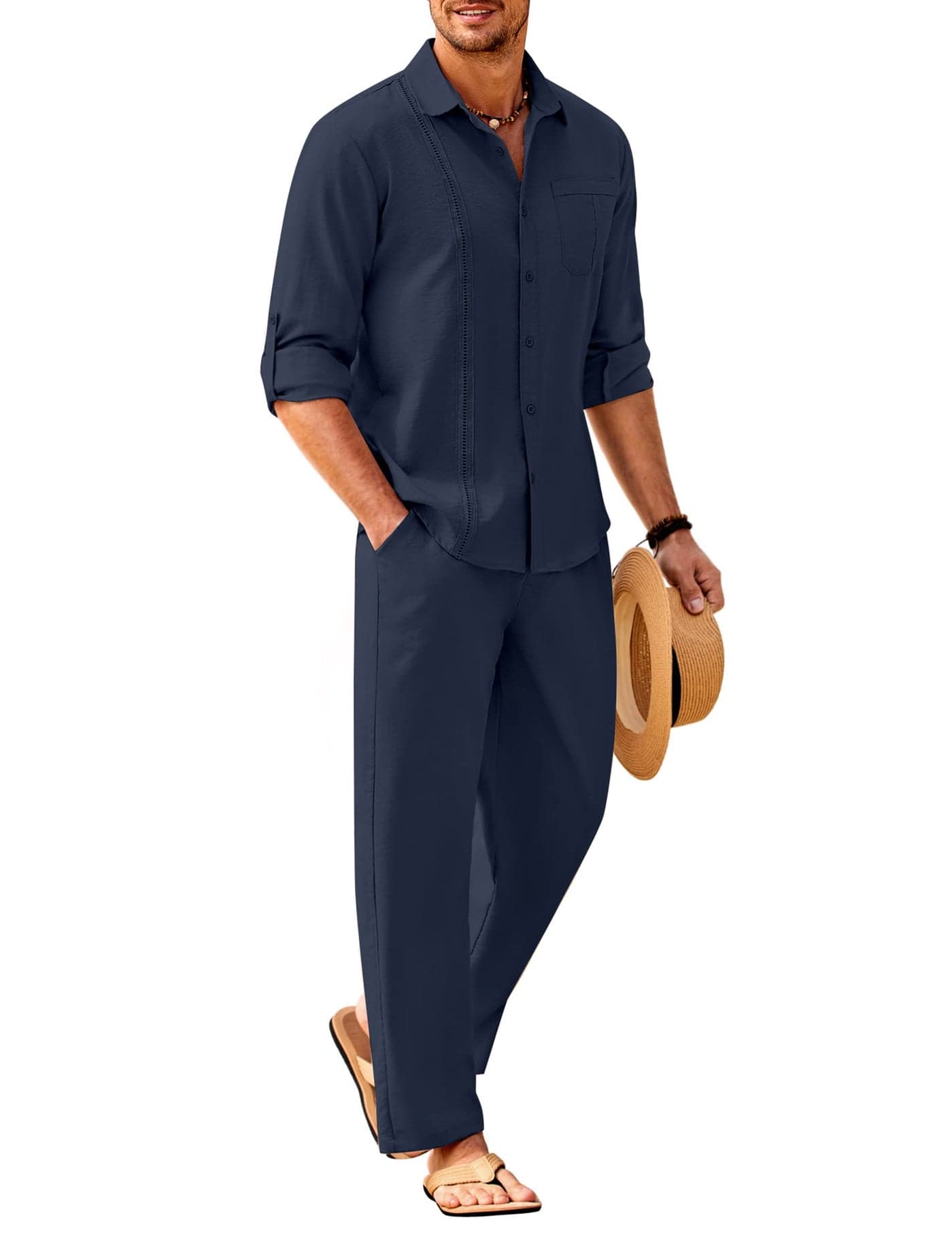 COOFANDY Mens Coordinated Outfit Cuban Guayabera Shirt and Pants Beach Set Summer Linen Suits Casual Long Sleeve Shirts, Navy Blue, Small