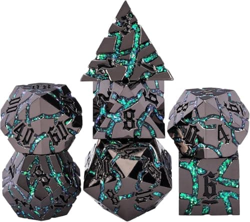 Maywin Cracked Rune Metal Dice Set for DND RPG Dark Fantasy Fractured Design Premium Heavy Metal Polyhedral Dice with Deep Engraved Numbers 7Piece Set Green Mystic Vein
