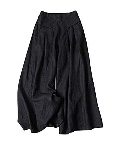 Gihuo Women' s Casual Cotton Linen Palazzo Pants Elastic Waist Wide Leg Culottes(Black-M)