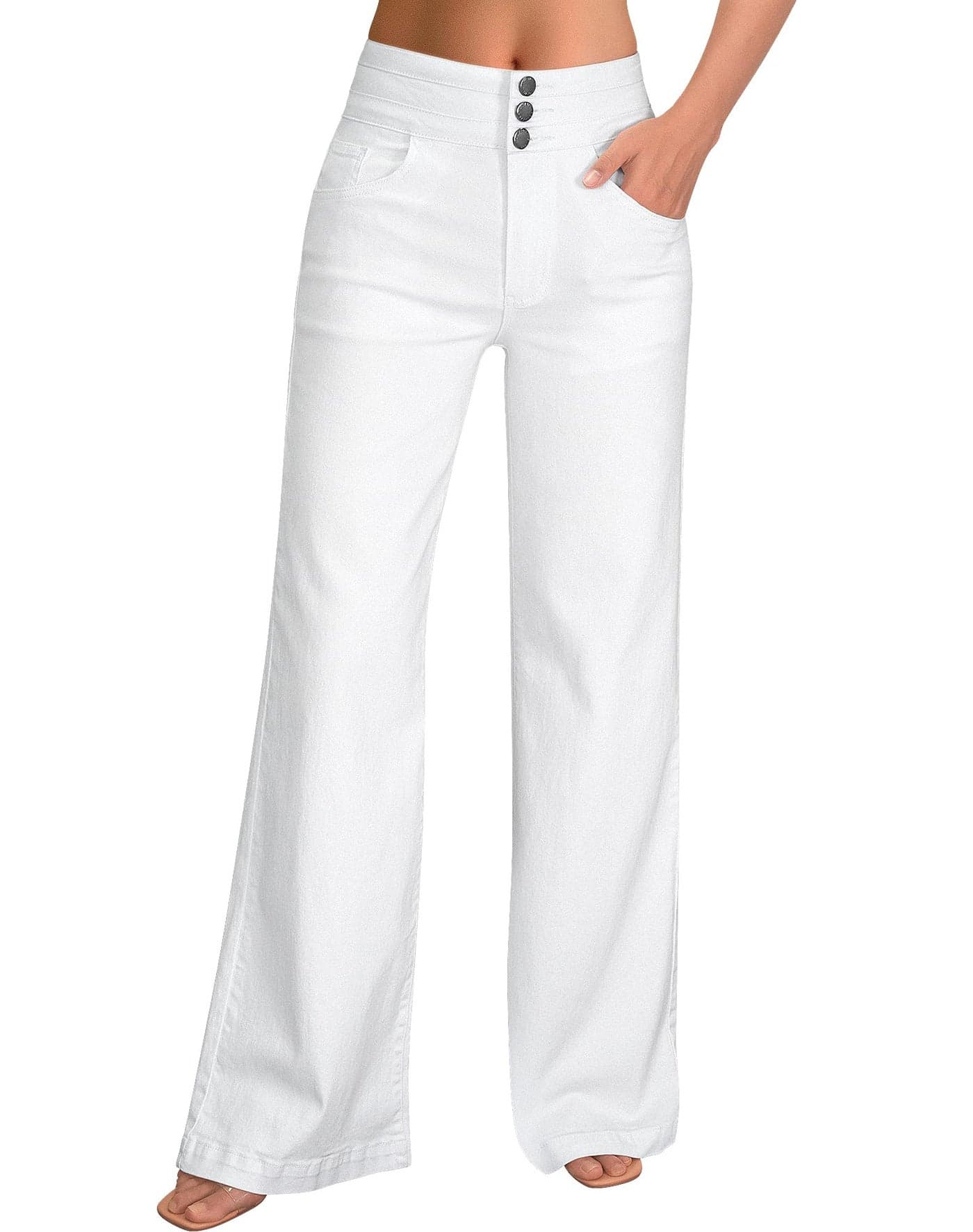 roswear Women's Wide Leg Jeans Casual High Waisted Stretch Baggy Loose Denim Pants White Small