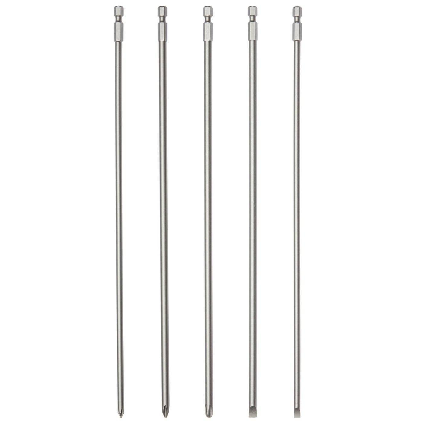NEIKO 10043A Extra Long Bit Set 5Piece CrV Steel 12Inch Length Phillips and Slotted Screwdriver Bits 14Inch Hex Shank Power Driver Bit Set