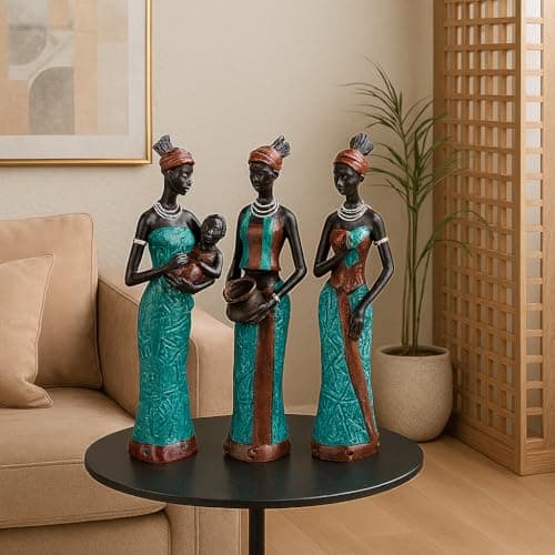 Xtore Beautiful Finish Uniquely Hand Crafted Home Decor African Tribal Women Art Piece - (Set of 3, Green and Black Color)