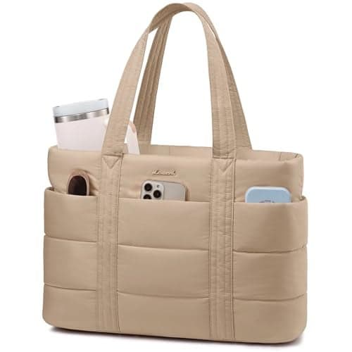 LOVEVOOK Tote Bag for Women, Large Puffer Work Tote Bag for 15.6 Inch Laptop, Lightweight Travel Tote with Zipper Gifts for Women