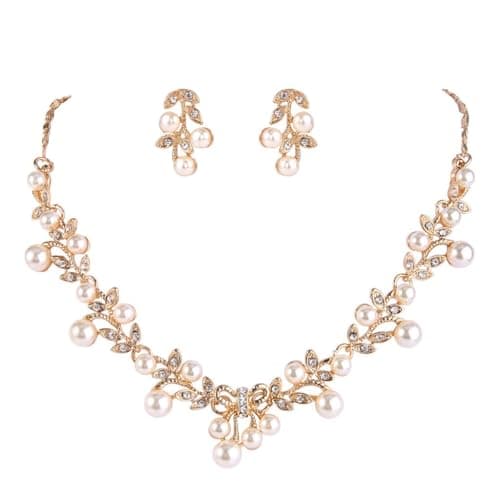 EVER FAITH Women's 1920s Vintage Costume Jewelry, Simulated Pearl Vine Leaf Bowknot Wedding Party Necklace Earrings Set Gold-Tone