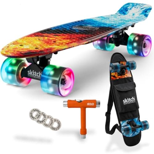 SKITCH Complete Skateboard for Kids Ages 46 Year Old Beginners Boys Children Youth Gift Set 22 Inch Penny Board Mini Cruiser ABEC 9 Bearings Skateboards Backpack Bag Skate Tool Wildfire Blaze LED