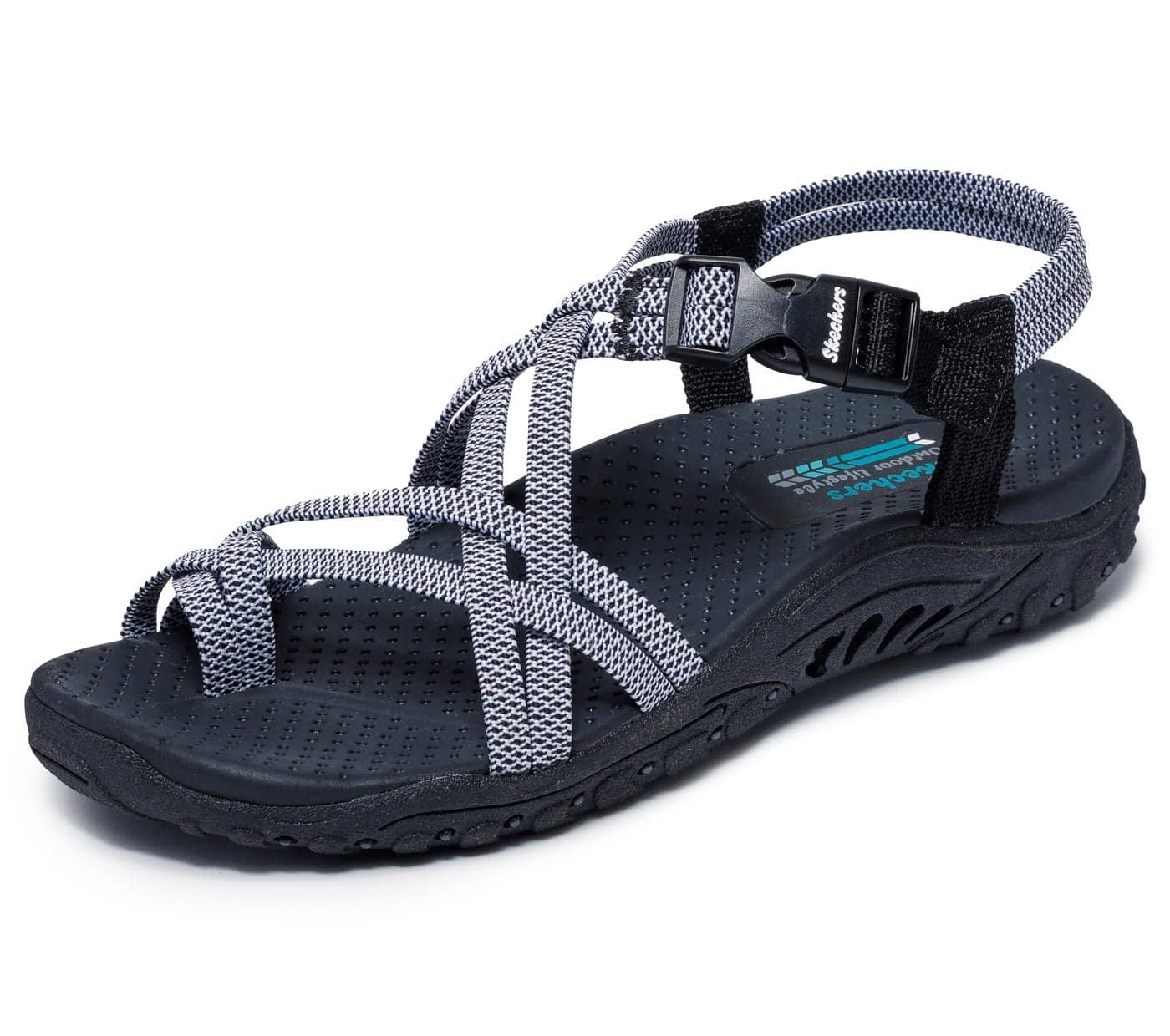 Skechers womens Reggae - IRIE MON -Multi Strap Toe Thong Sandal , Black/White, 9