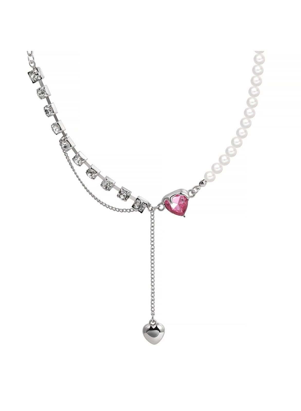 Elegant Heart Pendant Pearl Necklace Adjustable 45+7cm Chain