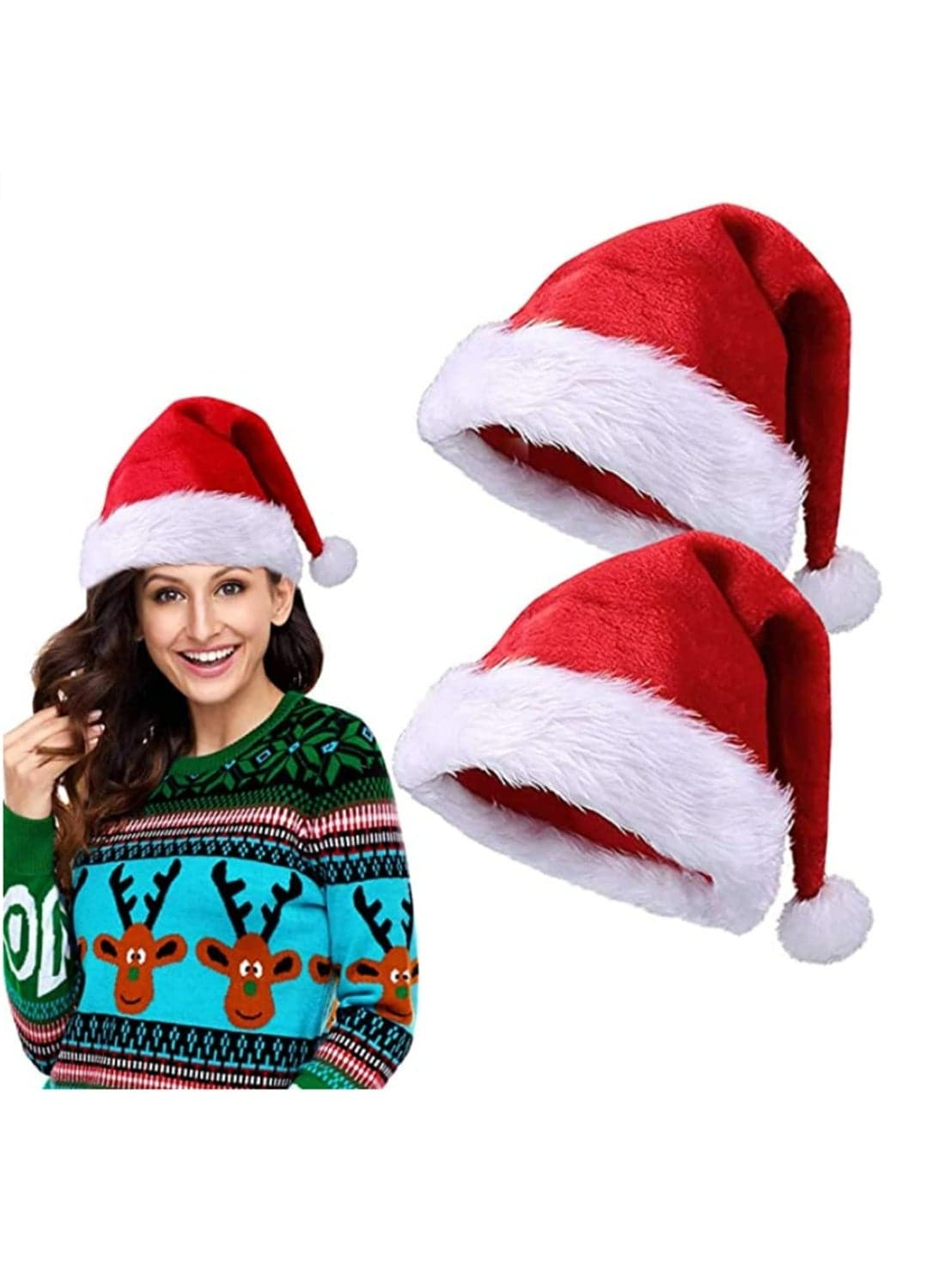 2pcs Christmas Hat Santa Hat Xmas Holiday Hat for Adults Unisex Velvet Comfort Christmas Hats Extra Thicken Classic Fur for Christmas New Year Festive Holiday Party Supplies