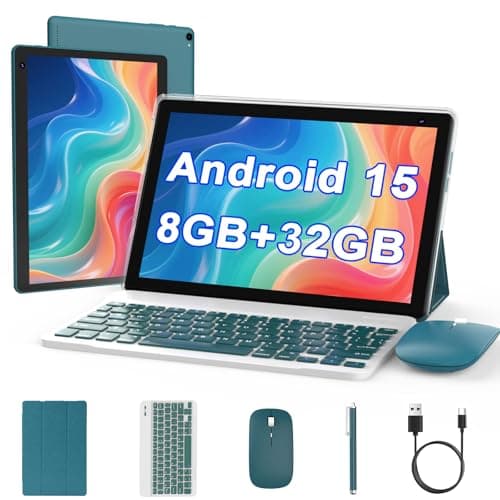 Android 15 Tablet 10 inch 2 in 1 Tablet with Keyboard 8GB RAM32GB ROM Support 1TB Expandable Tablets PC QuadCore CPU HD Screen BT WiFi Long Battery Life Tablets with Case Mouse Stylus Navy