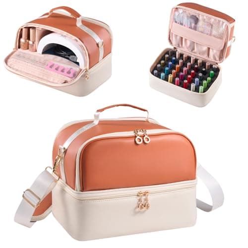 Nail Polish Organizer Holds 35 Bottles & Nail Lamp, Nail Organizers and Storage, Double Layer Nail Bag with Handle & Shoulder Strap for Travel, Nail Supplies Organizer for Manicure Kit (Brown+Beige)