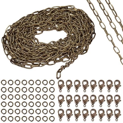 SUNNYCLUE 16.4Feet/ 5m Antique Bronze Curb Cable Chain Link Necklace Paperclip chain Large 20Pcs Brass Lobster Claw Clasps 50Pcs Brass Jump Rings Jewelry Chains for Jewelry Making Supplies DIY Craft