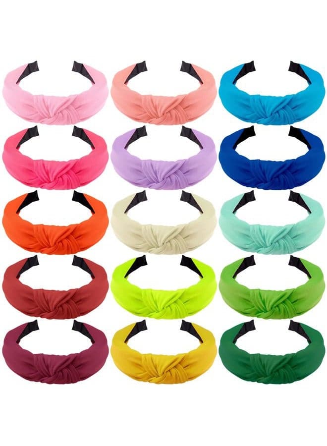 15 Pieces Top Knot Headbands for Women in 15 Colors, Cross Knot Headband, Wide Cloth Knot Headbands