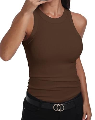 GEMBERA Womens Sleeveless Racerback High Neck Basic Ribbed Knit Fitted Tank Top Mocha Brown M