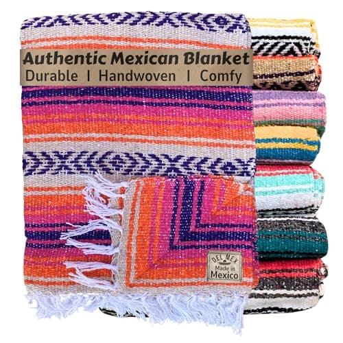 Del Mex Classic Mexican Blanket, Large Authentic Woven Falsa Throw (70"x50"), Artisan Southwest Décor for Beach, Yoga, Outdoors (Pink/Orange)