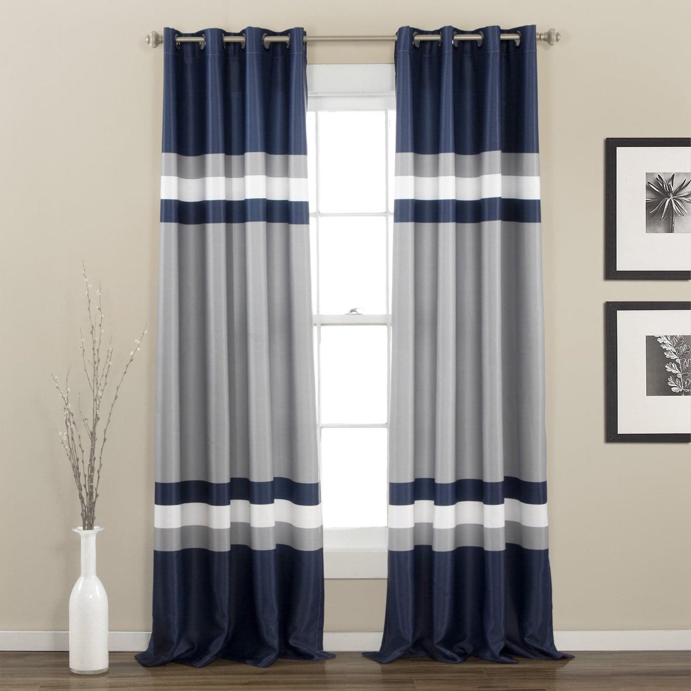 Lush Decor Alexander Stripe Light Filtering Window Curtain Panel Pair 52W x 84L Navy