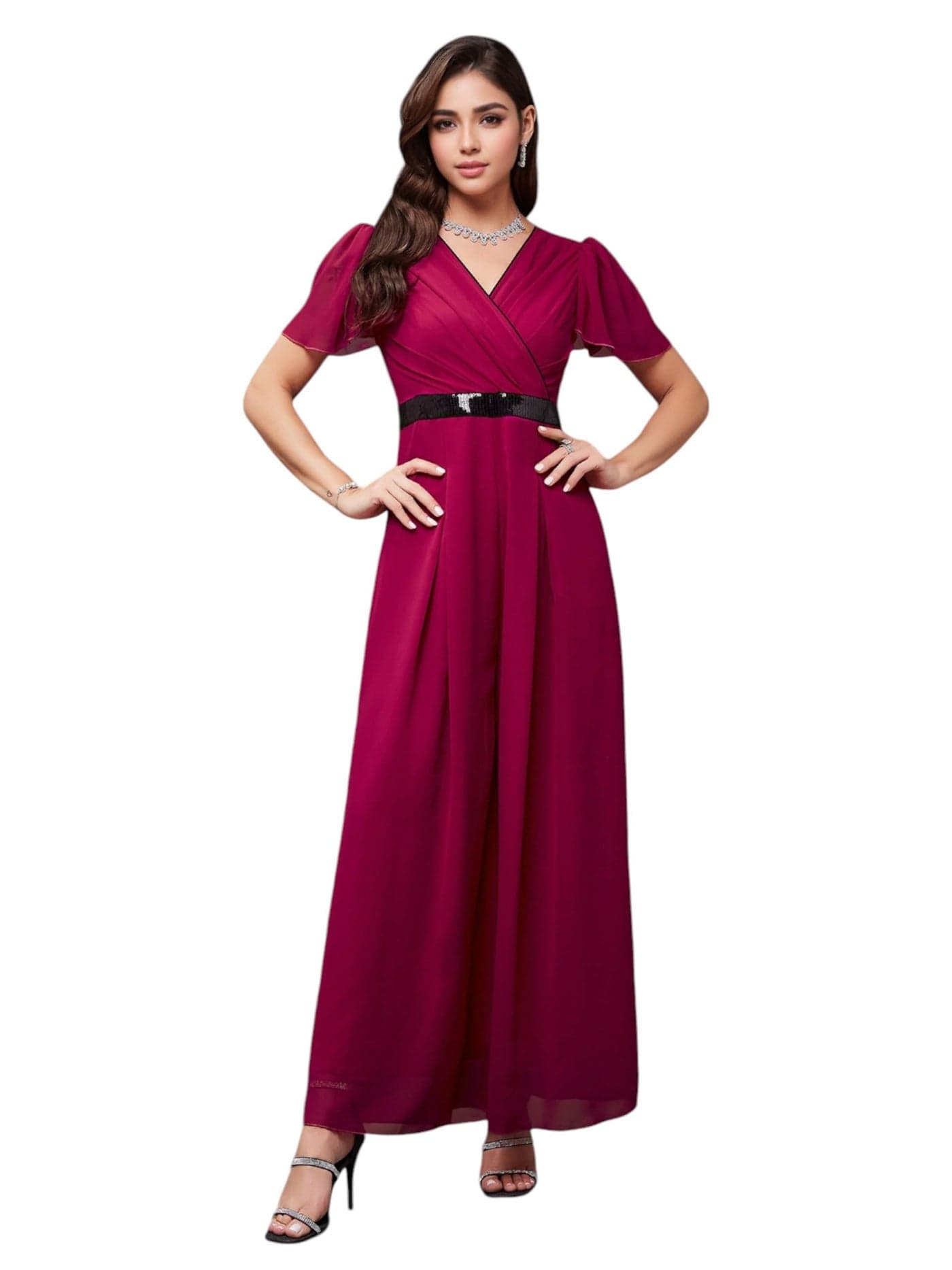 Miss Chase Women's Solid Relaxed Fit Short Sleeve V-Neck Ankle-Length Straight Jumpsuit (MCAW24D96-16-122-05, Pink, L)