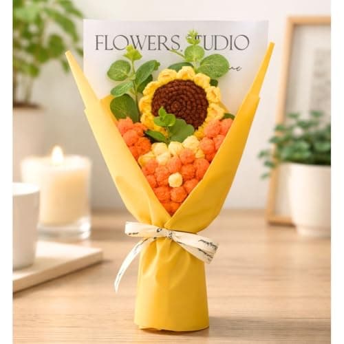 SATYAM KRAFT 1 Pcs Artificial Flower Ready to Use Bouquet for Him Her | Romantic Décor for Anniversary, Wedding, Birthday | Home, Table Office Decoration (Sunflower Daisy Crochet Bouquet)
