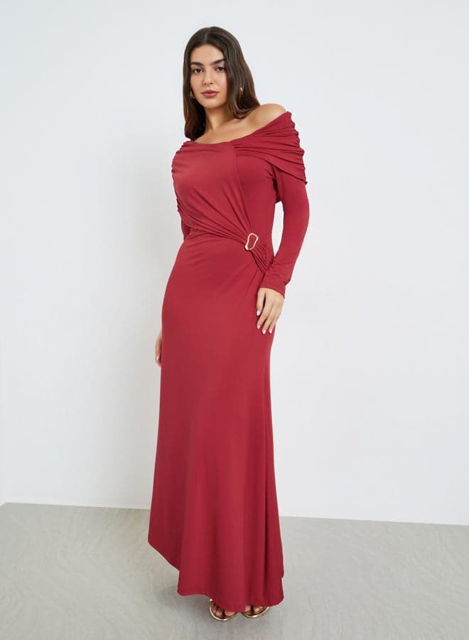 Red Asymmetric Neck Maxi Dress