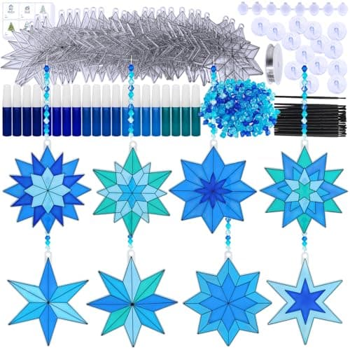 Winlyn 24 Sets Christmas Snowflake Suncatchers Ornaments Decorations DIY Window Paint Art Suncatchers Winter Crafts Painting Kits for Kids Classroom Activities Art Project Party Favors