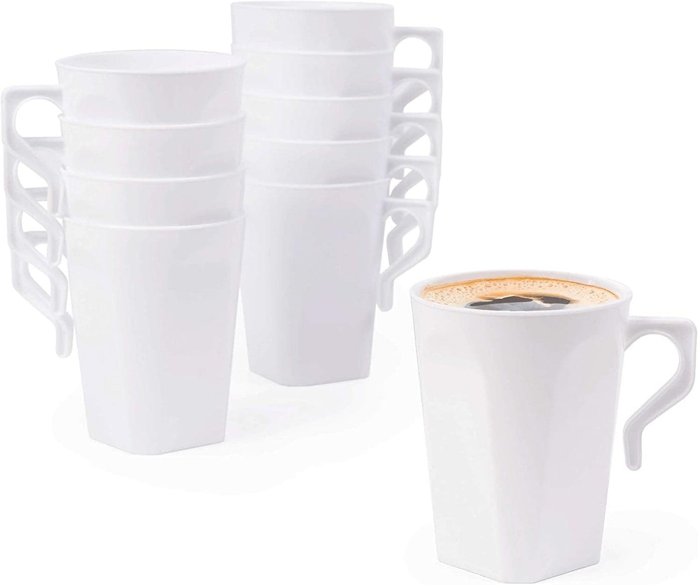 MATANA 50 White Hard Plastic Coffee Mugs 255ml Cups with Handles for Coffee Tea Chocolates Hot Cold Drinks Sturdy Reusable Camping Picnic Barbecues Parties