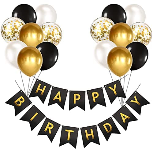 Happy Birthday Banner Bunting Black and Gold Balloons Confetti Latex Balloon Party Banners for 18th 30th 50th Birthday Banner Decorations