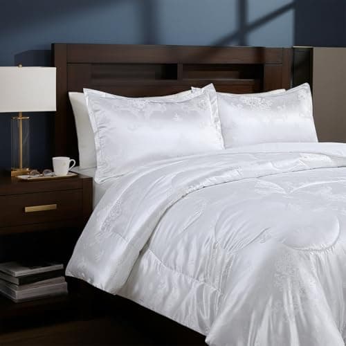 Raytrue-X Queen Comforter Set - All Season Bed Comforter Set, 3 Piece Satin Silk Blanket, Luxury White Jacquard Quilt, Soft Bedding Sets With Matching 2 Pillow Shams (Full/Queen, 88x88 inches)