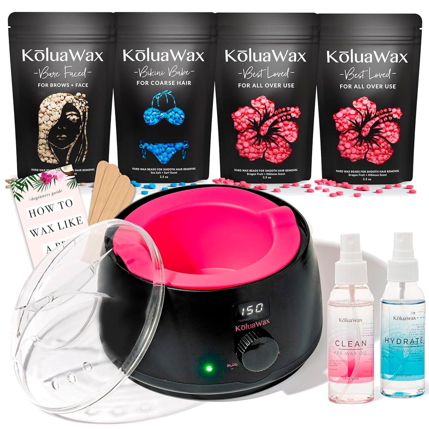 KoluaWax Premium Waxing Kit for Women Hot Melt Hard Wax Warmer for Hair Removal Eyebrow Bikini Legs Face Brazilian Wax Machine Pack of 4 Beads Accessories Black