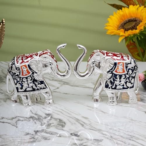 Idolkart Pure Silver Coated Blue Elephant Showpiece Pair - Elephant Decorative Items for Home - Small Elephant Idols with Trunk Up for Good Luck & Vastu Benefits - 2 inch (Set of 2), Silver & Blue